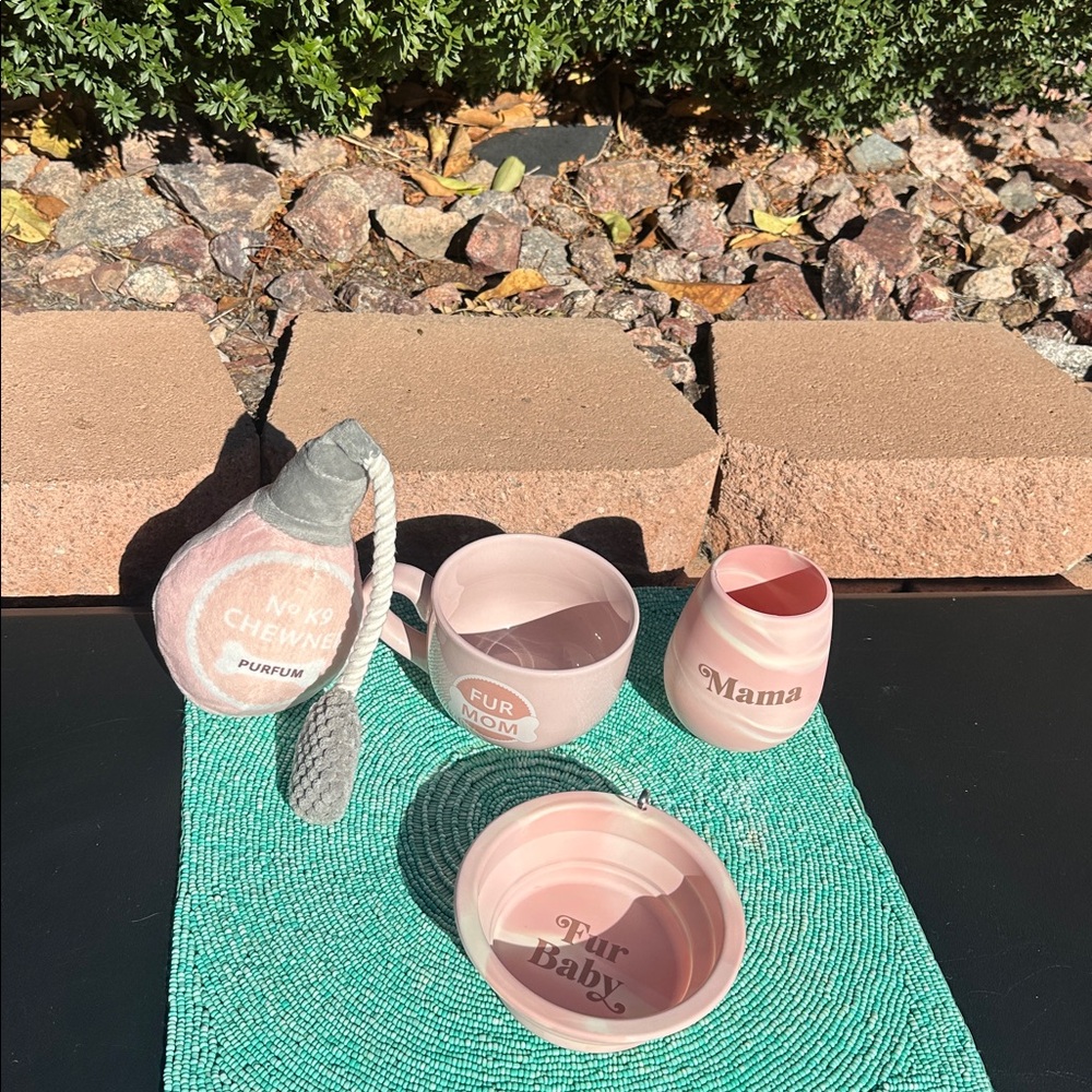 Fur Mom-brand new set: coffee mug, silicone wine glass & dog’s bowl+squeaky toy